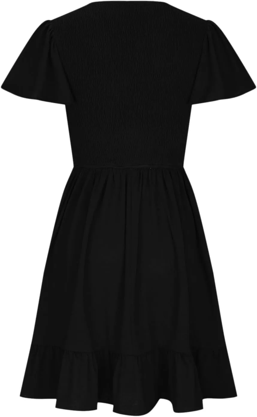 Womens Smocked Short Sleeve V Neck Mini Dress 2024 Summer Casual Ruffle Swing Hem Beach Vacation Dress with Pockets