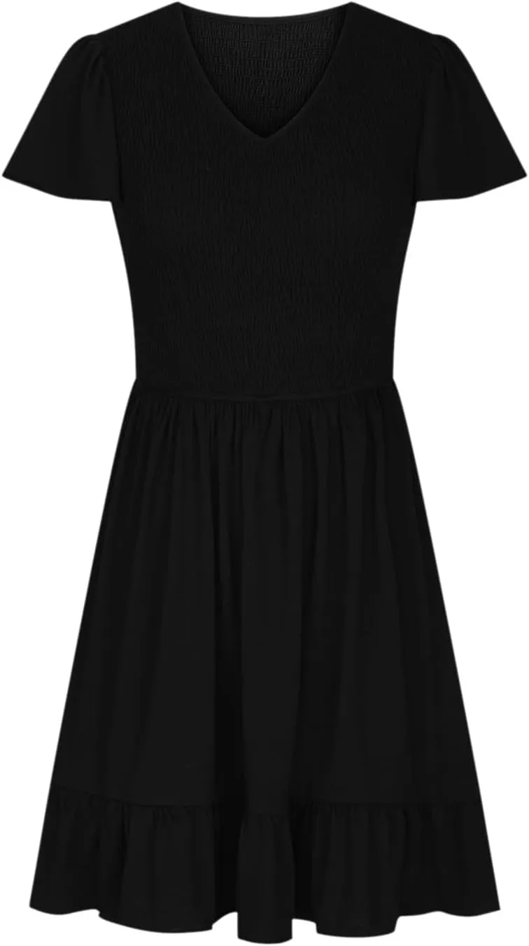 Womens Smocked Short Sleeve V Neck Mini Dress 2024 Summer Casual Ruffle Swing Hem Beach Vacation Dress with Pockets