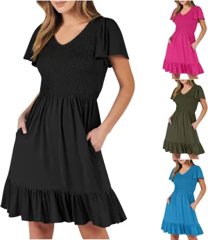 Womens Smocked Short Sleeve V Neck Mini Dress 2024 Summer Casual Ruffle Swing Hem Beach Vacation Dress with Pockets
