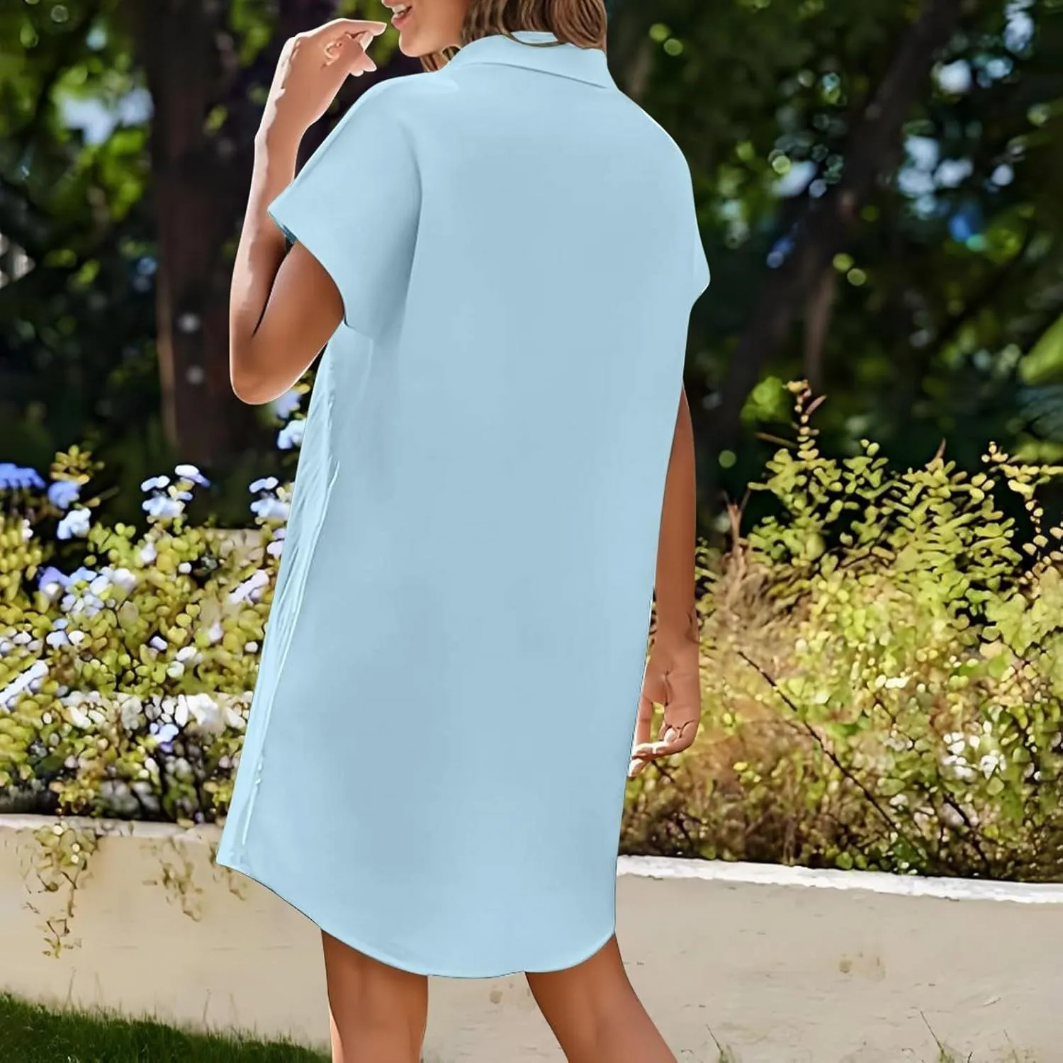 Women's Solid Color Loose Shirt Dresses Stand Up Collar Casual T Shirts Dress Pocket Button Short Sleeved Dresses