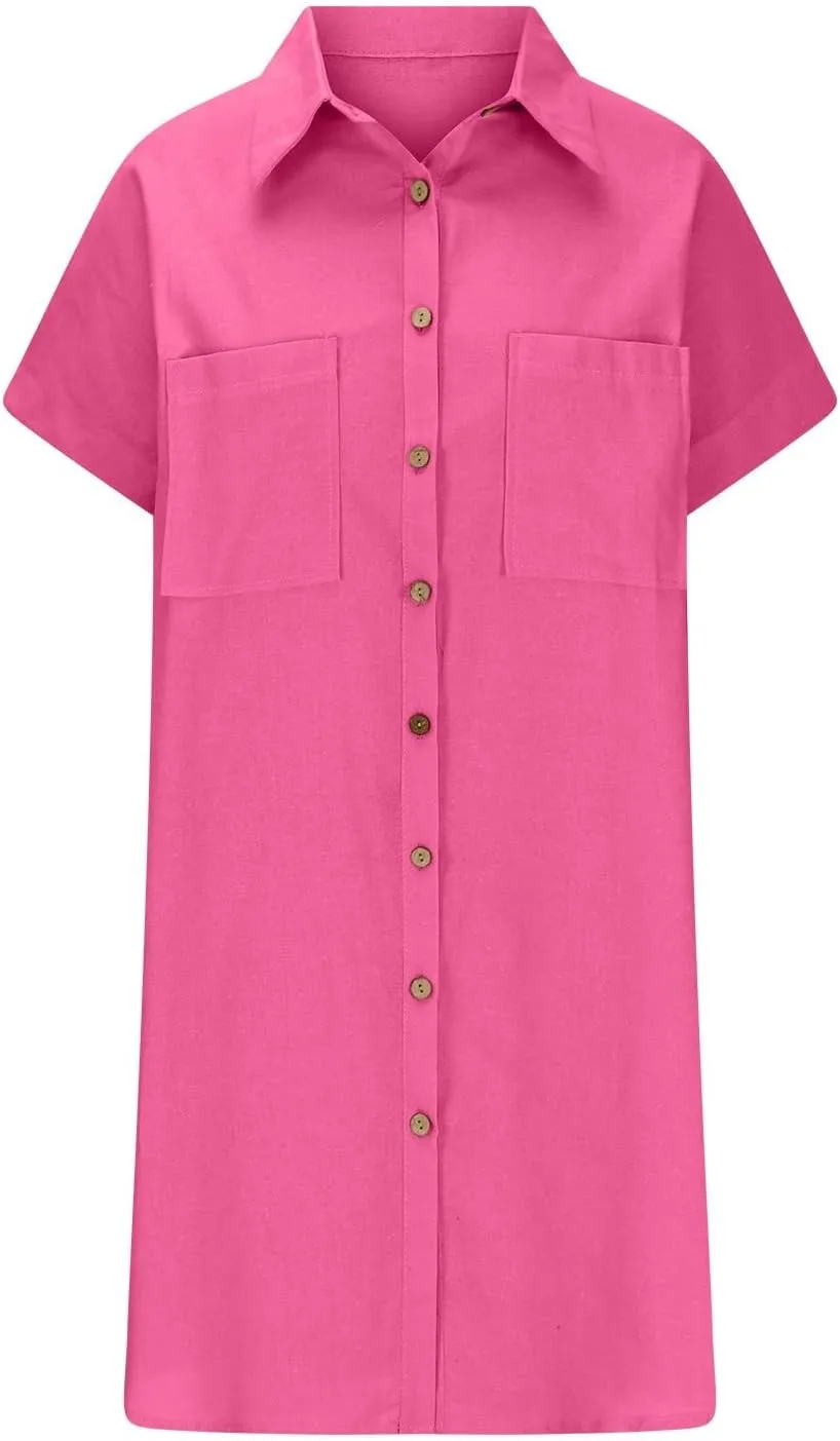 Women's Solid Color Loose Shirt Dresses Stand Up Collar Casual T Shirts Dress Pocket Button Short Sleeved Dresses