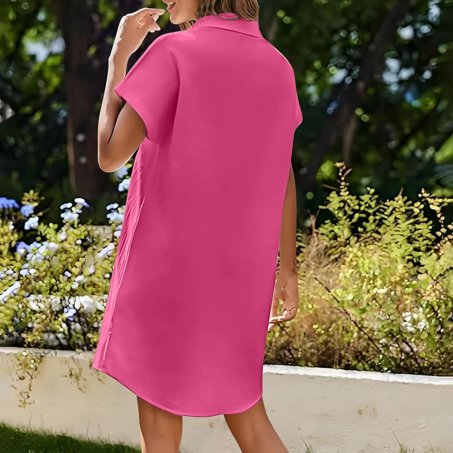 Women's Solid Color Loose Shirt Dresses Stand Up Collar Casual T Shirts Dress Pocket Button Short Sleeved Dresses