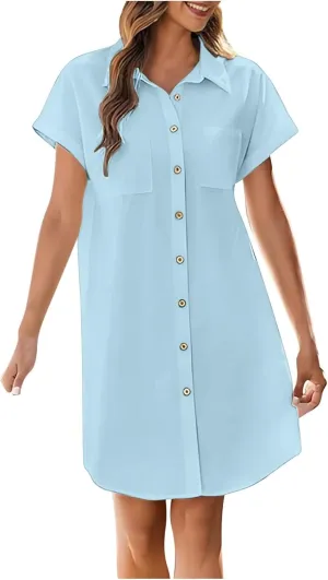 Women's Solid Color Loose Shirt Dresses Stand Up Collar Casual T Shirts Dress Pocket Button Short Sleeved Dresses