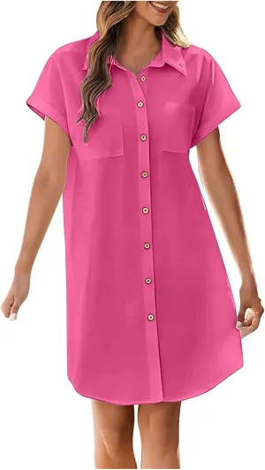 Women's Solid Color Loose Shirt Dresses Stand Up Collar Casual T Shirts Dress Pocket Button Short Sleeved Dresses