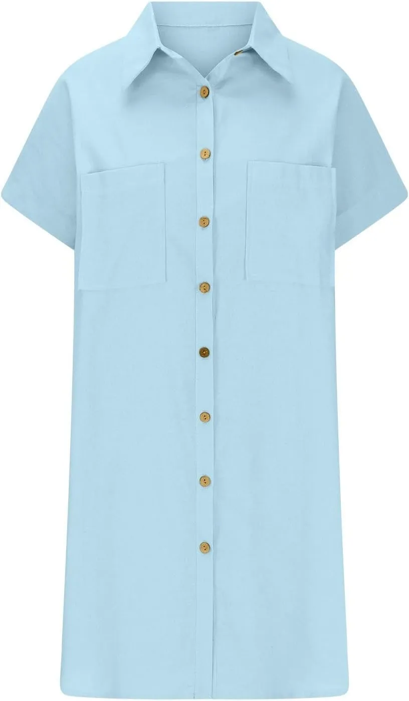 Women's Solid Color Loose Shirt Dresses Stand Up Collar Casual T Shirts Dress Pocket Button Short Sleeved Dresses
