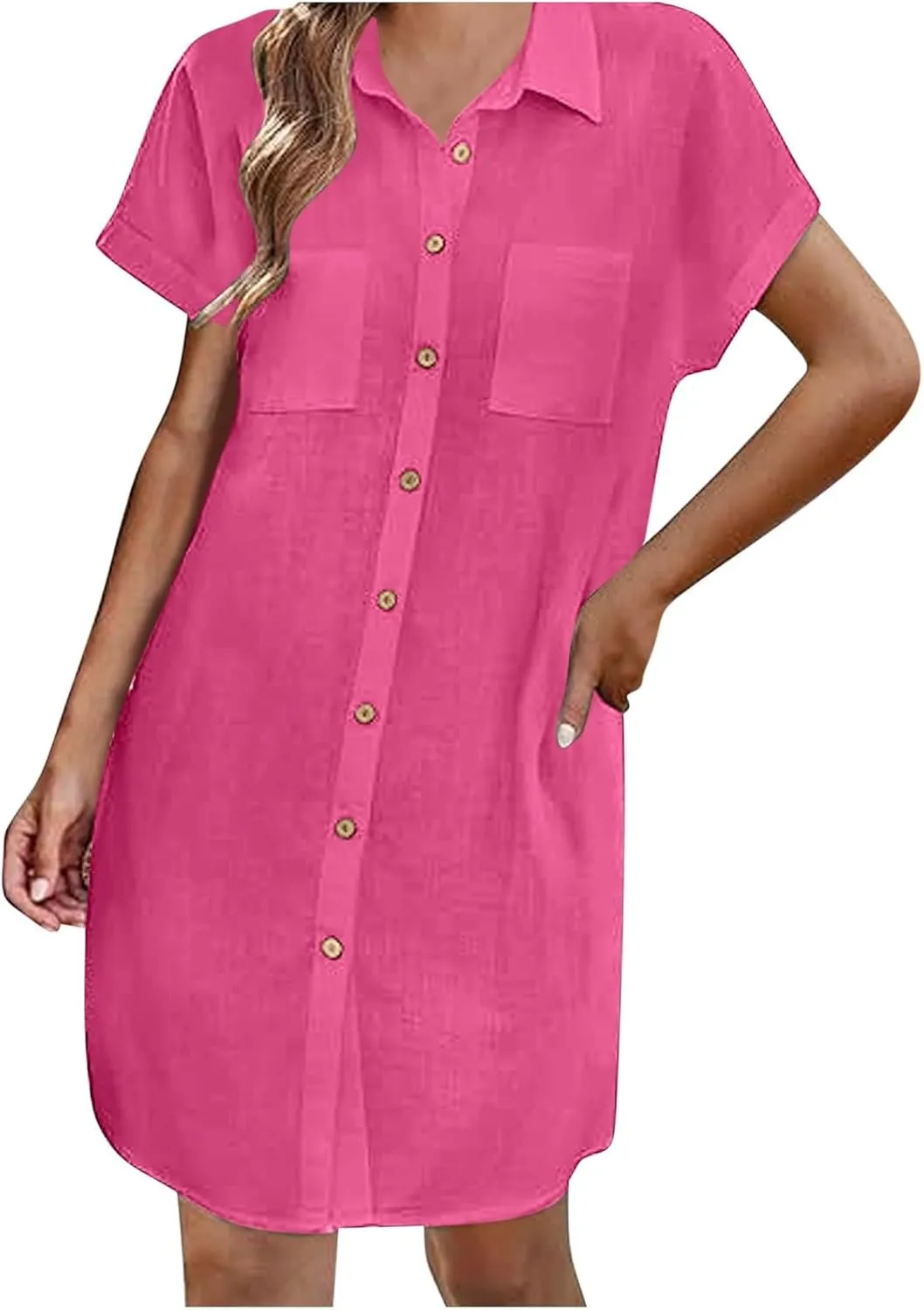 Women's Solid Color Loose Shirt Dresses Stand Up Collar Casual T Shirts Dress Pocket Button Short Sleeved Dresses