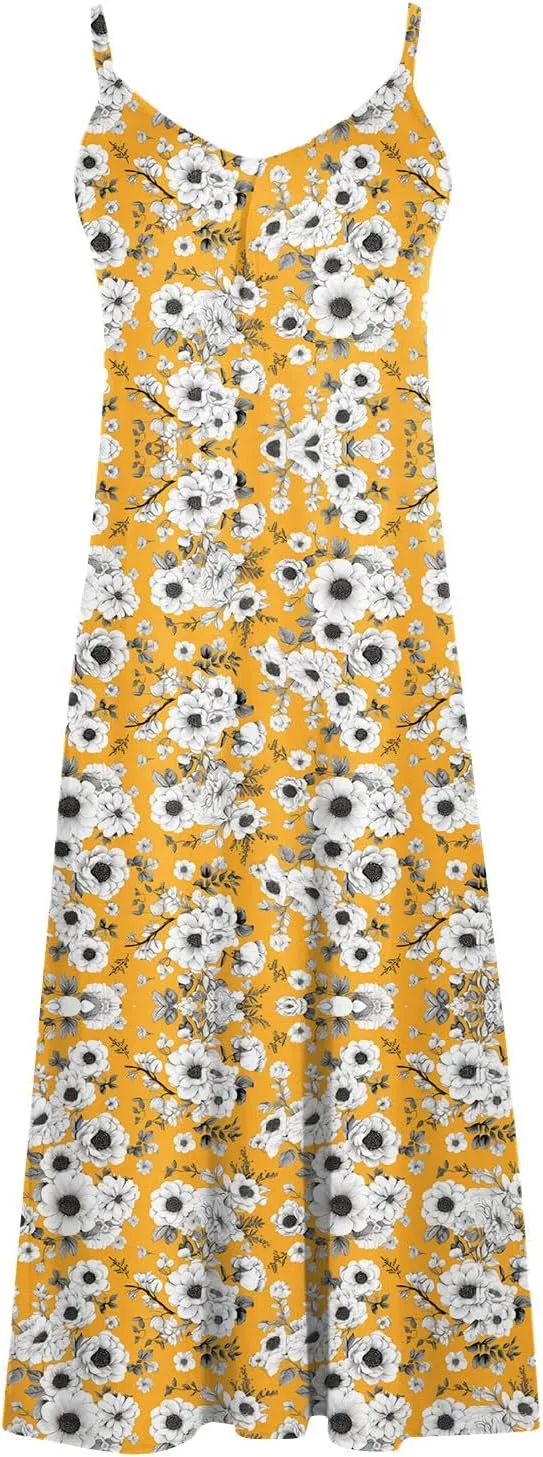 Womens Spring Summer Dresses Spaghetti Strap Floral Print Maxi Dress Trendy Boho Beach Vacation Sundress