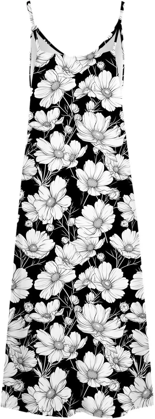 Womens Spring Summer Dresses Spaghetti Strap Floral Print Maxi Dress Trendy Boho Beach Vacation Sundress