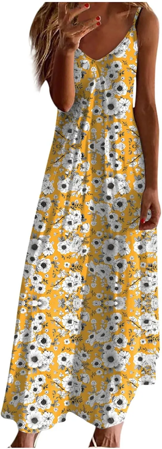 Womens Spring Summer Dresses Spaghetti Strap Floral Print Maxi Dress Trendy Boho Beach Vacation Sundress