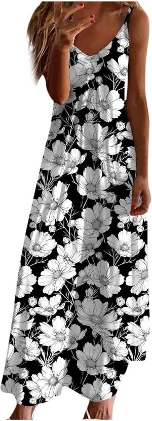 Womens Spring Summer Dresses Spaghetti Strap Floral Print Maxi Dress Trendy Boho Beach Vacation Sundress