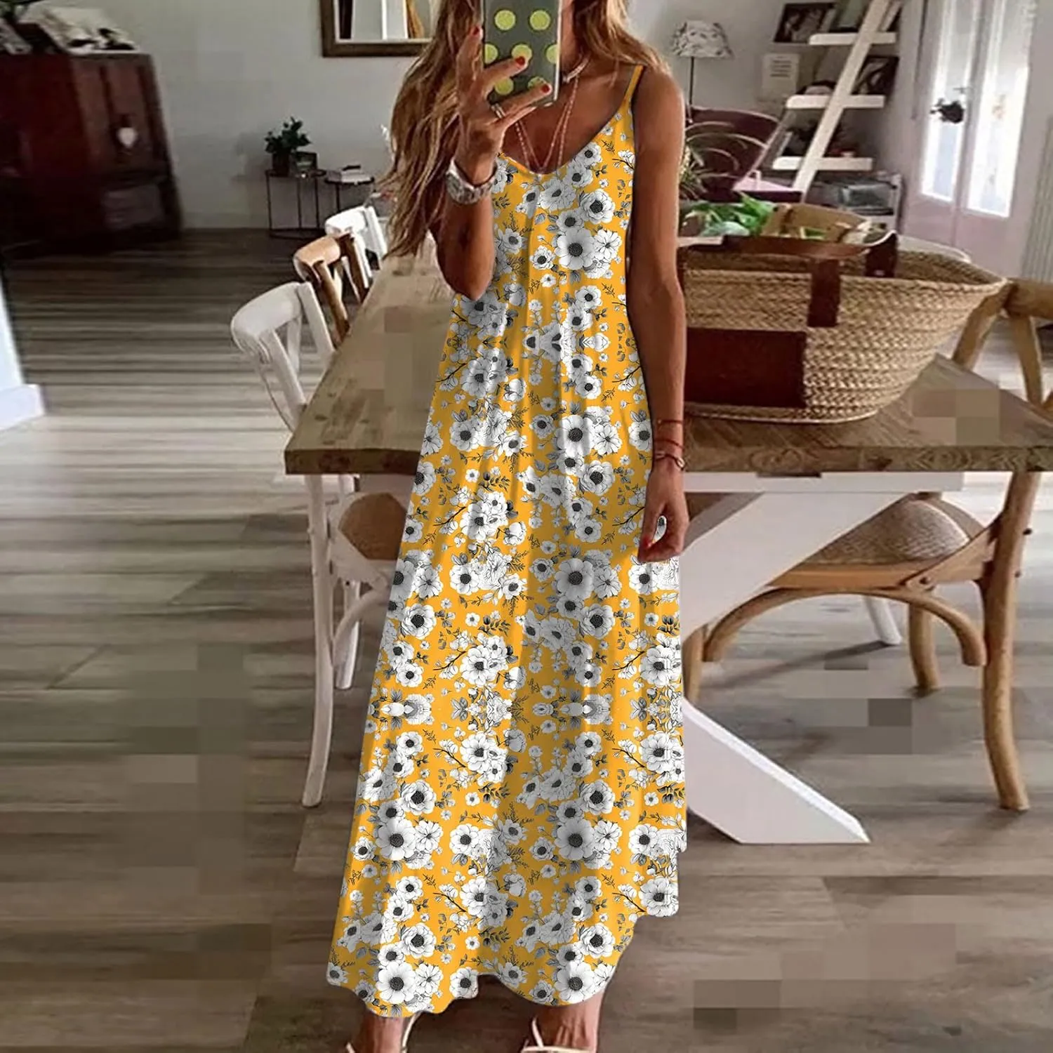 Womens Spring Summer Dresses Spaghetti Strap Floral Print Maxi Dress Trendy Boho Beach Vacation Sundress