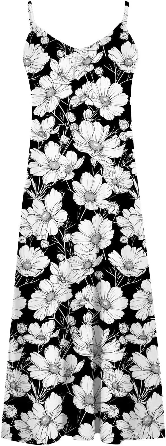 Womens Spring Summer Dresses Spaghetti Strap Floral Print Maxi Dress Trendy Boho Beach Vacation Sundress