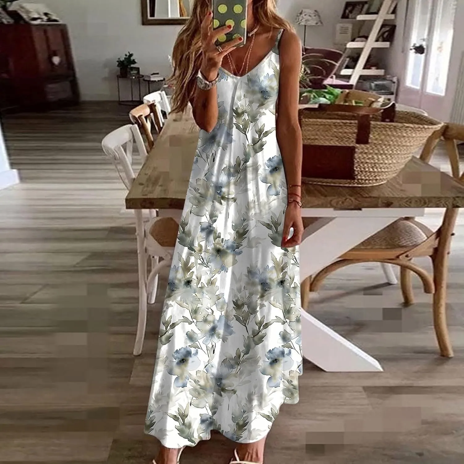 Womens Spring Summer Dresses Spaghetti Strap Floral Print Maxi Dress Trendy Boho Beach Vacation Sundress