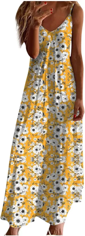 Womens Spring Summer Dresses Spaghetti Strap Floral Print Maxi Dress Trendy Boho Beach Vacation Sundress