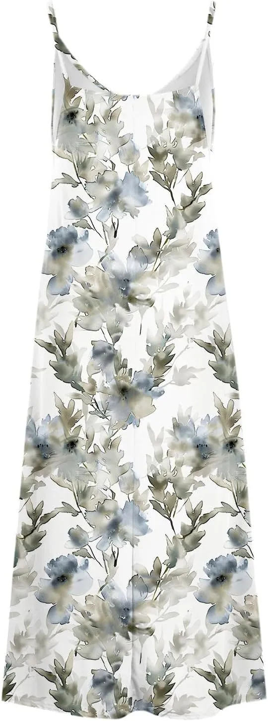 Womens Spring Summer Dresses Spaghetti Strap Floral Print Maxi Dress Trendy Boho Beach Vacation Sundress