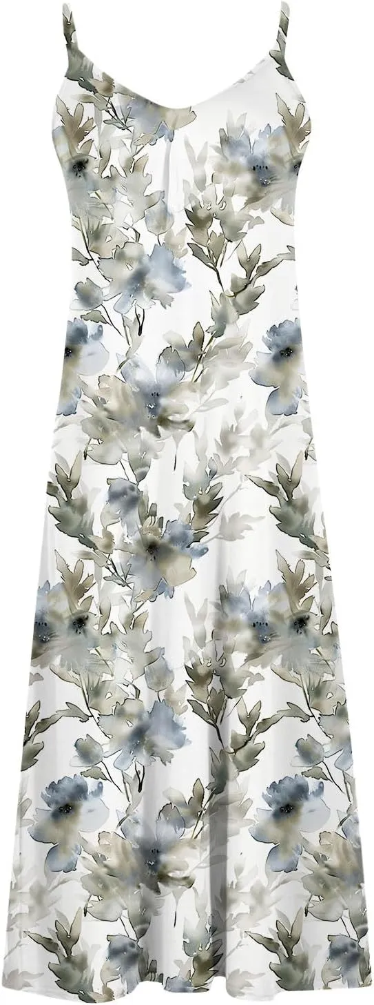 Womens Spring Summer Dresses Spaghetti Strap Floral Print Maxi Dress Trendy Boho Beach Vacation Sundress