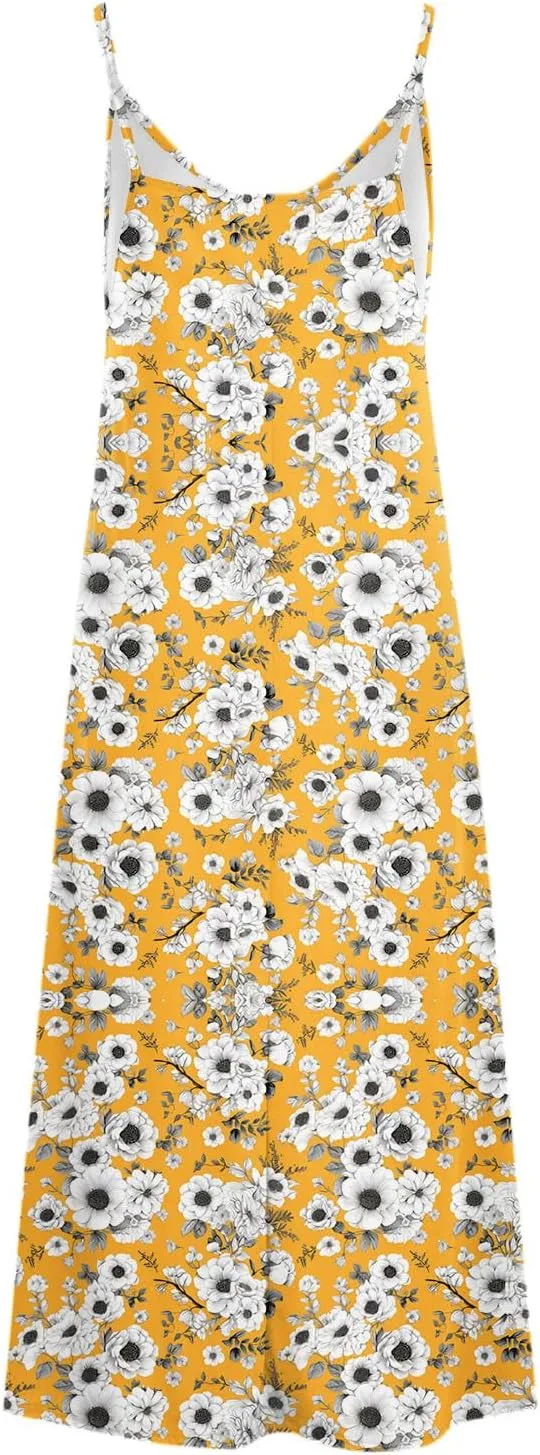 Womens Spring Summer Dresses Spaghetti Strap Floral Print Maxi Dress Trendy Boho Beach Vacation Sundress