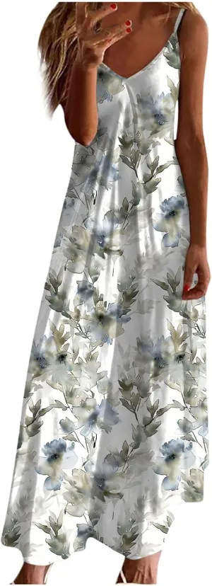 Womens Spring Summer Dresses Spaghetti Strap Floral Print Maxi Dress Trendy Boho Beach Vacation Sundress
