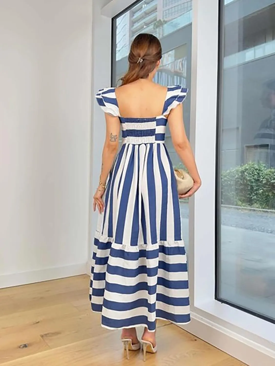 Womens Square Neck Maxi Dress Striped Ruffle Sleeveless Smocked High Waist Casual Summer Flowy Beach Sundress