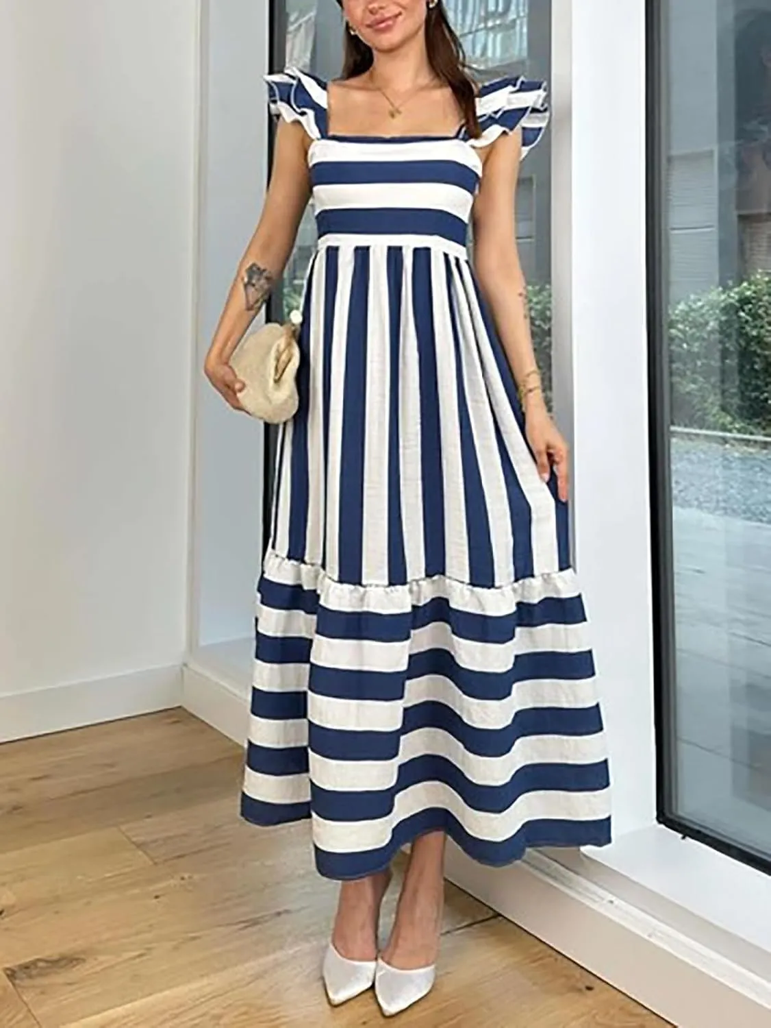 Womens Square Neck Maxi Dress Striped Ruffle Sleeveless Smocked High Waist Casual Summer Flowy Beach Sundress