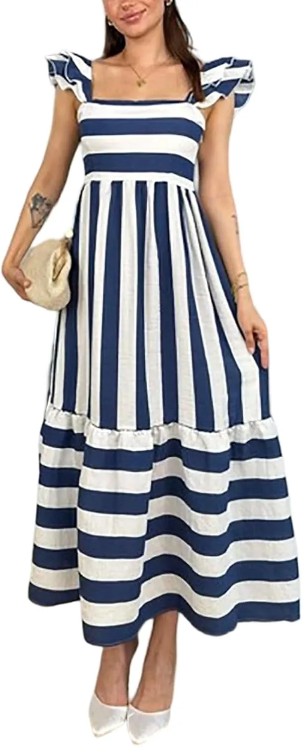 Womens Square Neck Maxi Dress Striped Ruffle Sleeveless Smocked High Waist Casual Summer Flowy Beach Sundress