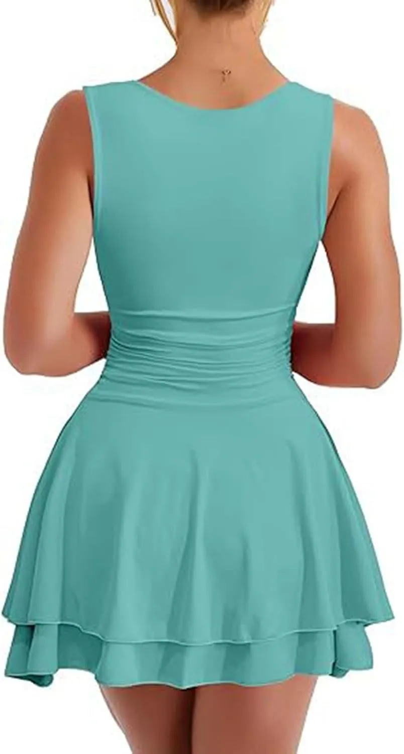 Women's Square Neck Ruffle Hem Mini Dress Ruched Waist Short Party Dresses Flowy Relaxed Tunic Fashion Casual Clothes