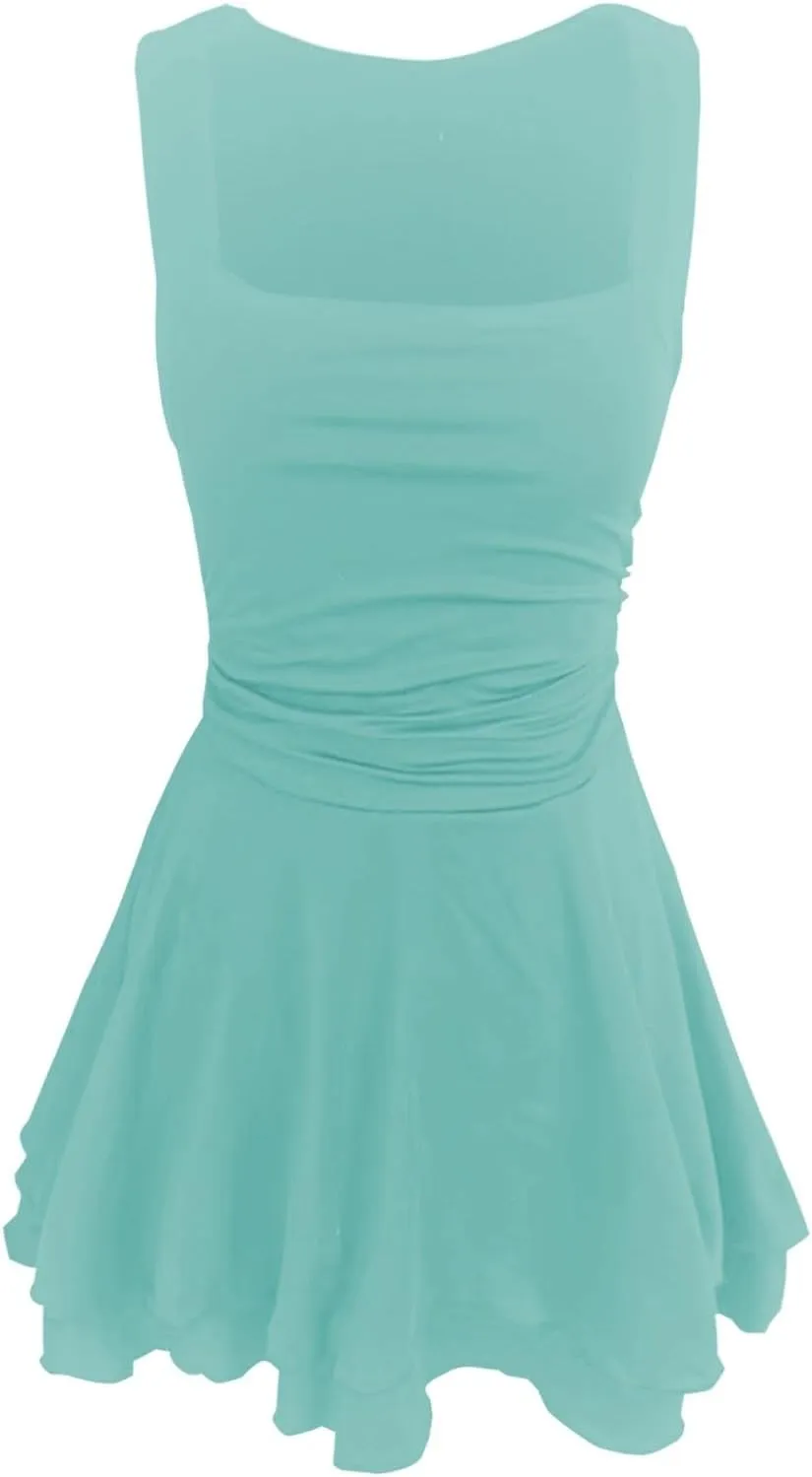 Women's Square Neck Ruffle Hem Mini Dress Ruched Waist Short Party Dresses Flowy Relaxed Tunic Fashion Casual Clothes