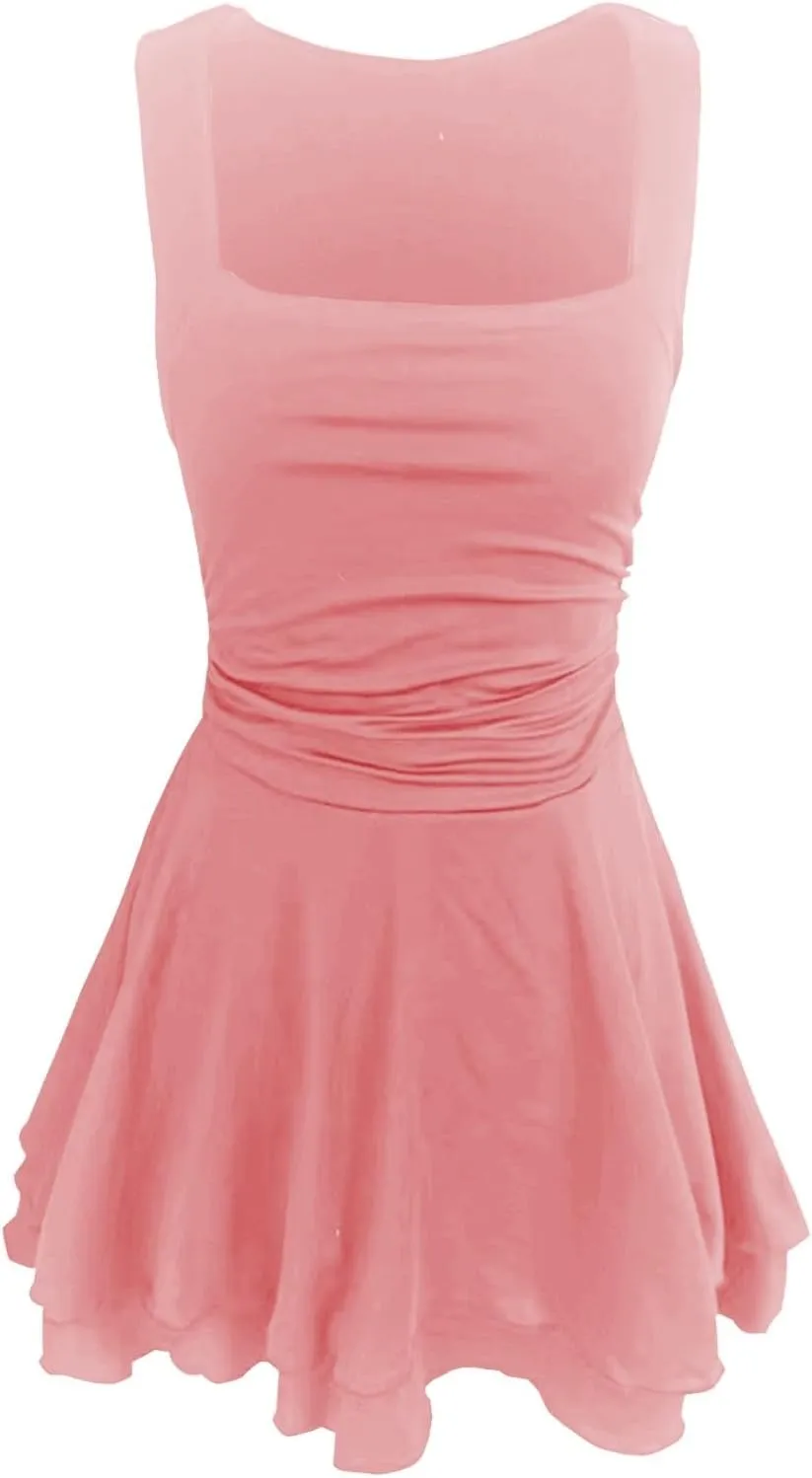 Women's Square Neck Ruffle Hem Mini Dress Ruched Waist Short Party Dresses Flowy Relaxed Tunic Fashion Casual Clothes