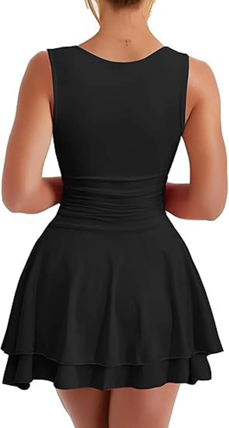 Women's Square Neck Ruffle Hem Mini Dress Ruched Waist Short Party Dresses Flowy Relaxed Tunic Fashion Casual Clothes