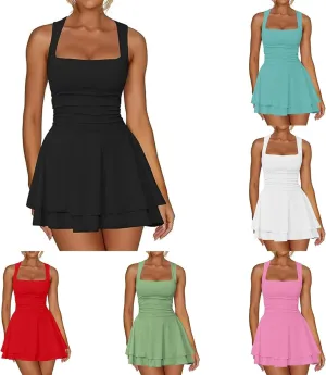 Women's Square Neck Ruffle Hem Mini Dress Ruched Waist Short Party Dresses Flowy Relaxed Tunic Fashion Casual Clothes