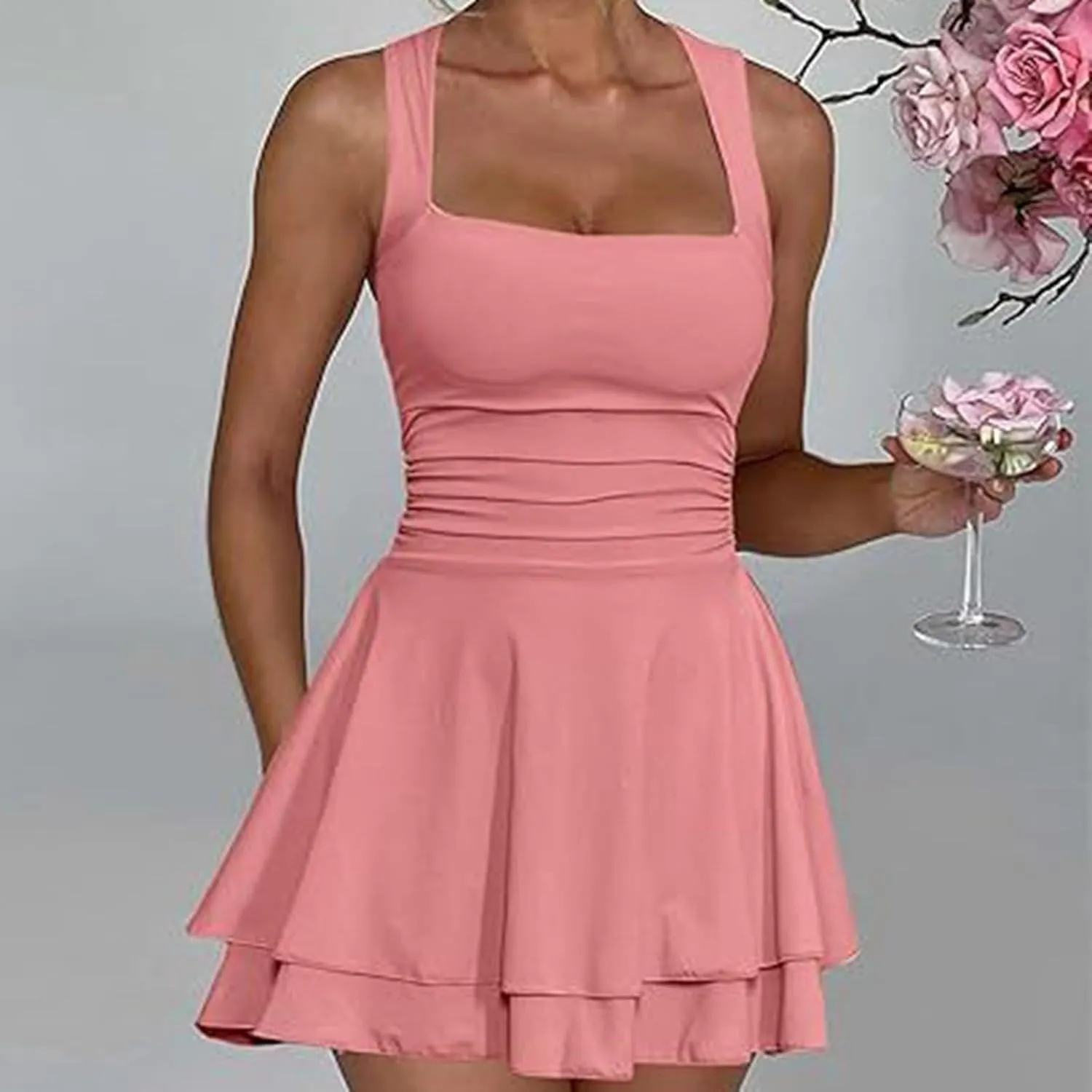 Women's Square Neck Ruffle Hem Mini Dress Ruched Waist Short Party Dresses Flowy Relaxed Tunic Fashion Casual Clothes