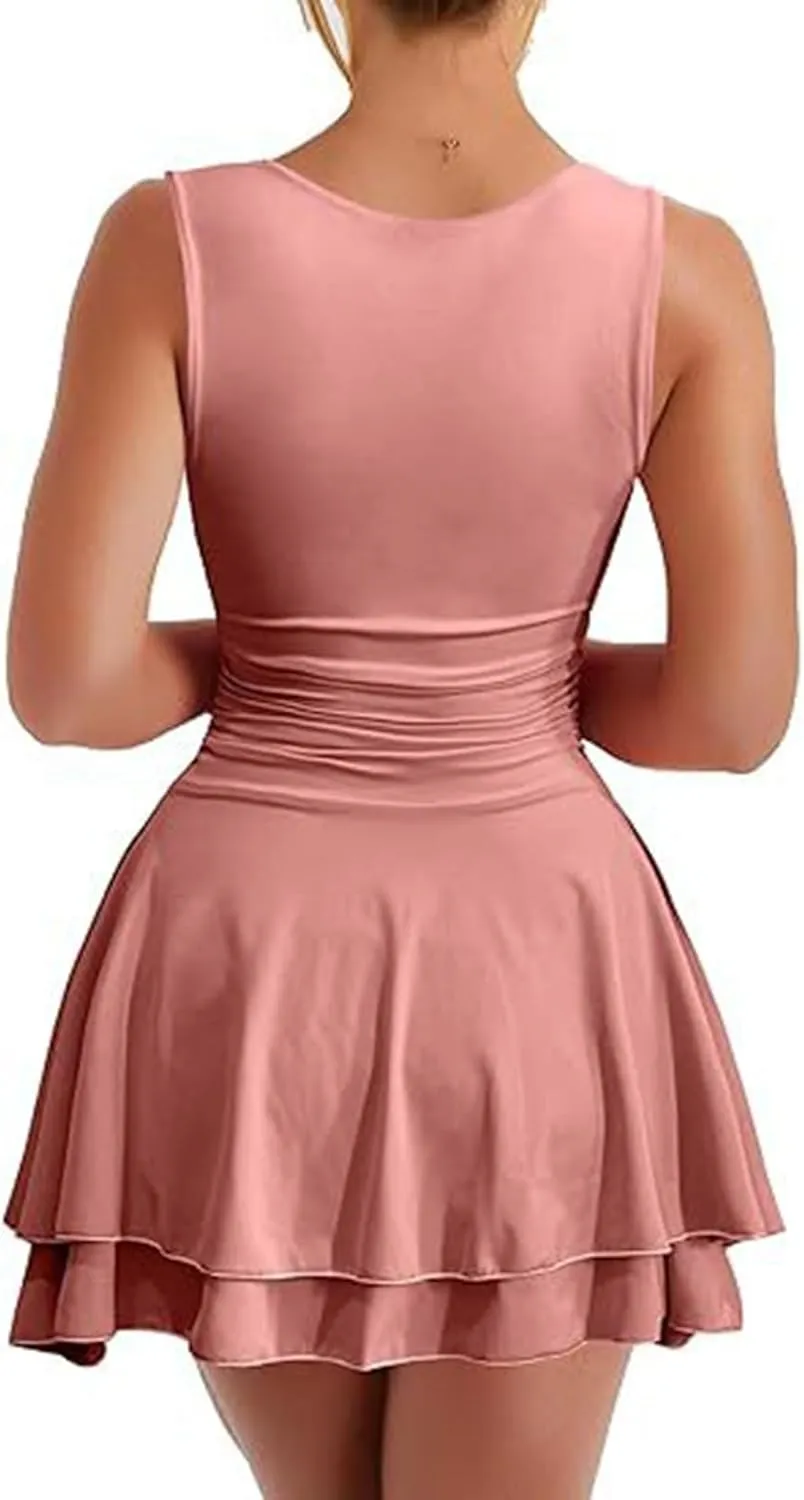 Women's Square Neck Ruffle Hem Mini Dress Ruched Waist Short Party Dresses Flowy Relaxed Tunic Fashion Casual Clothes