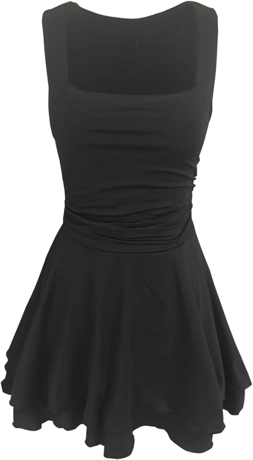 Women's Square Neck Ruffle Hem Mini Dress Ruched Waist Short Party Dresses Flowy Relaxed Tunic Fashion Casual Clothes