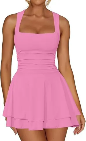 Women's Square Neck Ruffle Hem Mini Dress Ruched Waist Short Party Dresses Flowy Relaxed Tunic Fashion Casual Clothes