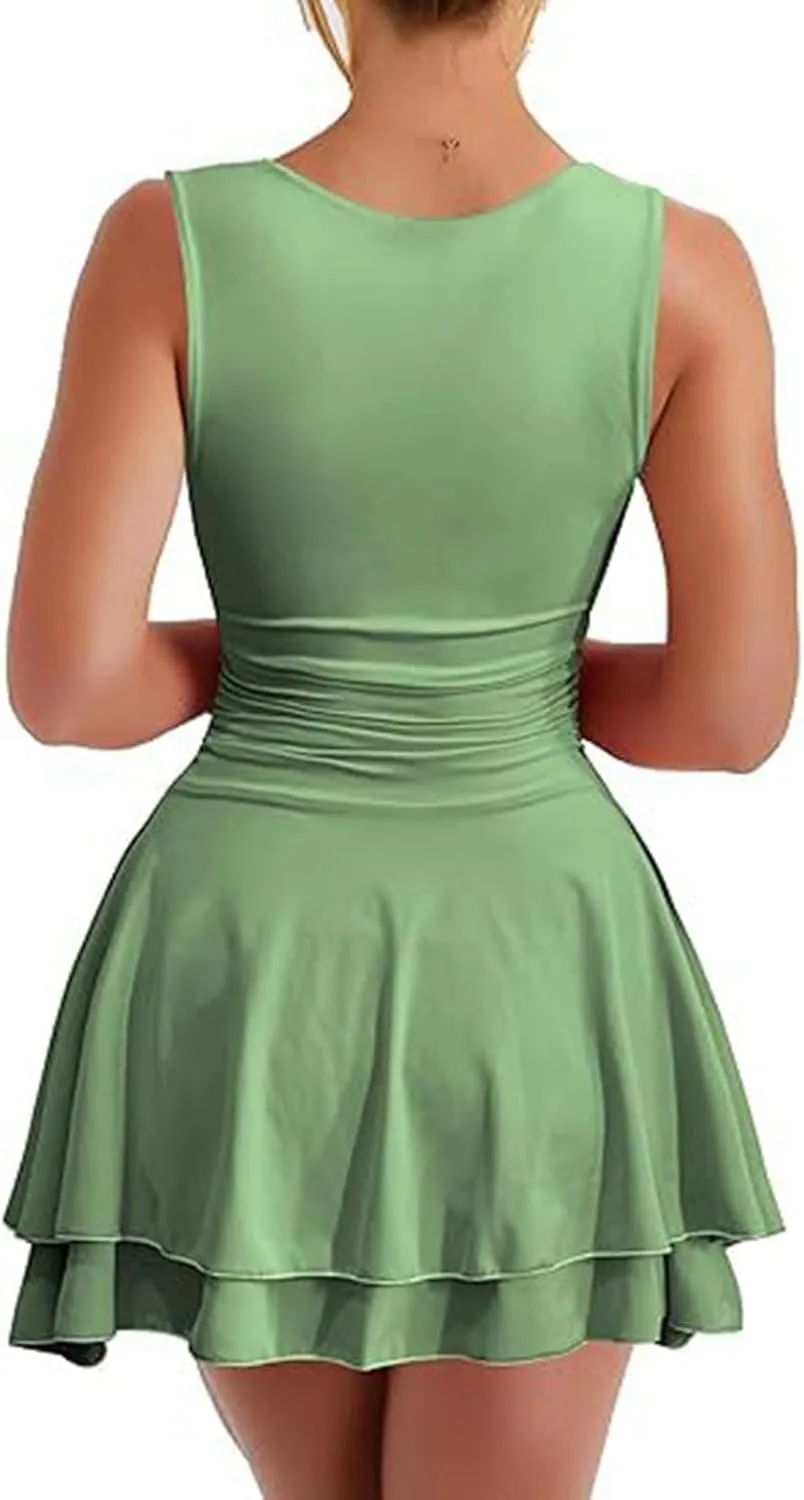 Women's Square Neck Ruffle Hem Mini Dress Ruched Waist Short Party Dresses Flowy Relaxed Tunic Fashion Casual Clothes