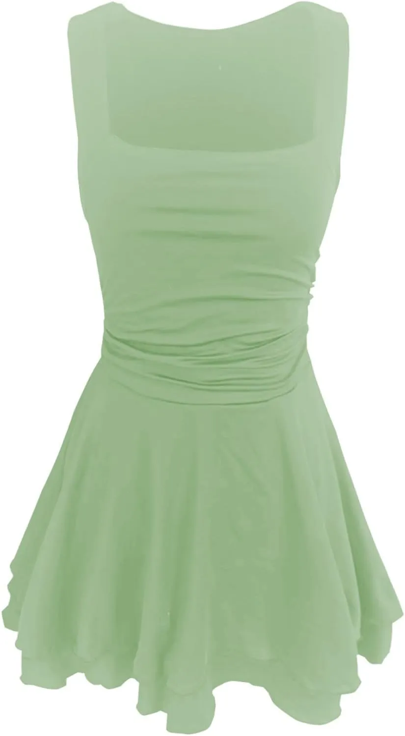 Women's Square Neck Ruffle Hem Mini Dress Ruched Waist Short Party Dresses Flowy Relaxed Tunic Fashion Casual Clothes