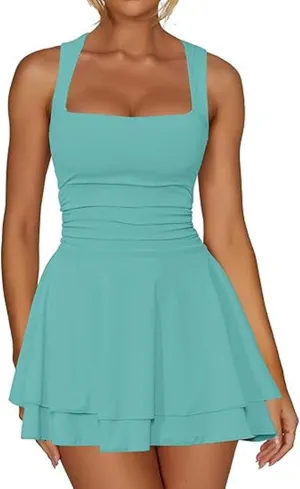 Women's Square Neck Ruffle Hem Mini Dress Ruched Waist Short Party Dresses Flowy Relaxed Tunic Fashion Casual Clothes