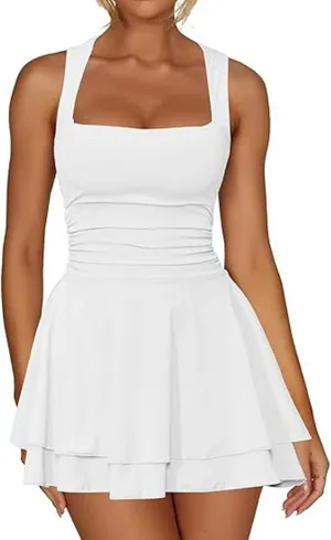 Women's Square Neck Ruffle Hem Mini Dress Ruched Waist Short Party Dresses Flowy Relaxed Tunic Fashion Casual Clothes