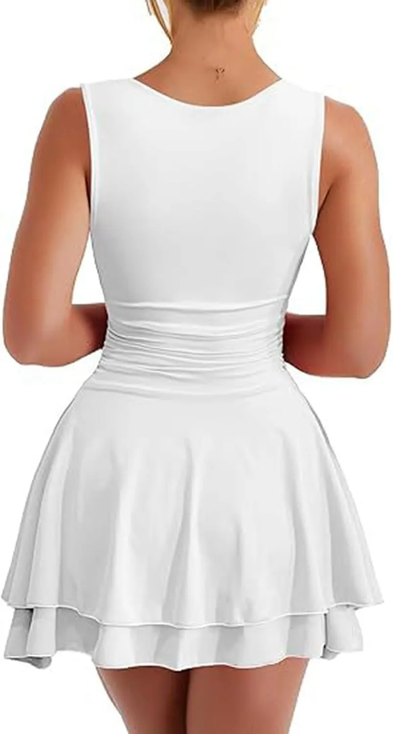 Women's Square Neck Ruffle Hem Mini Dress Ruched Waist Short Party Dresses Flowy Relaxed Tunic Fashion Casual Clothes