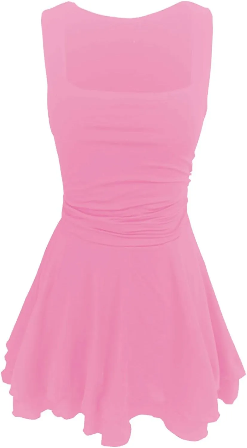 Women's Square Neck Ruffle Hem Mini Dress Ruched Waist Short Party Dresses Flowy Relaxed Tunic Fashion Casual Clothes