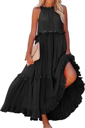 Womens Summer Boho Halter Maxi Dresses 2024 Casual Sleeveless Pleated Tiered Flowy Beach Vacation Long Dress