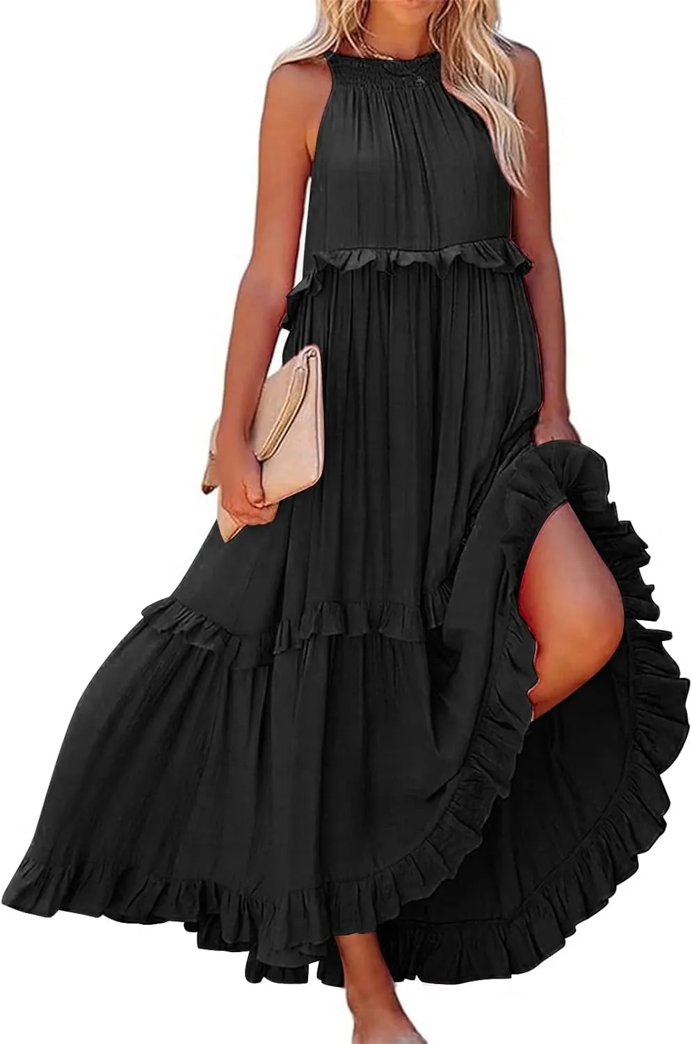 Womens Summer Boho Halter Maxi Dresses 2024 Casual Sleeveless Pleated Tiered Flowy Beach Vacation Long Dress
