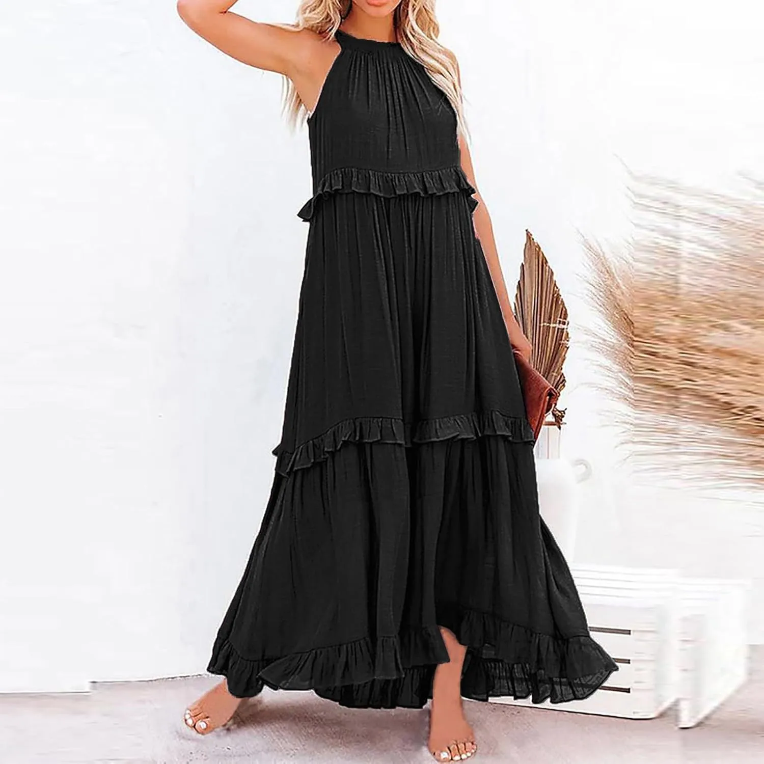 Womens Summer Boho Halter Maxi Dresses 2024 Casual Sleeveless Pleated Tiered Flowy Beach Vacation Long Dress