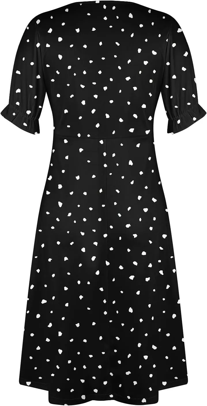 Women's Summer Casual Loose Short Sleeve V-Neck Floral Printed Solid Beach Vacation Boho Dress Plus Size, S-3XL