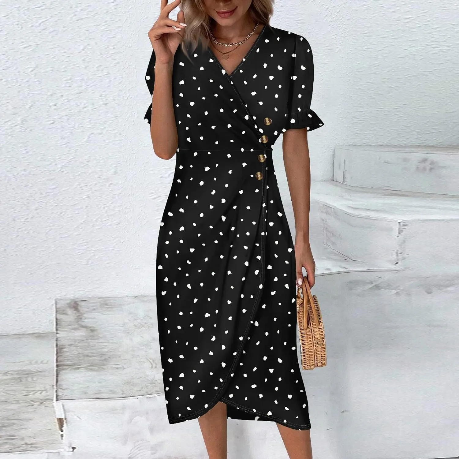 Women's Summer Casual Loose Short Sleeve V-Neck Floral Printed Solid Beach Vacation Boho Dress Plus Size, S-3XL