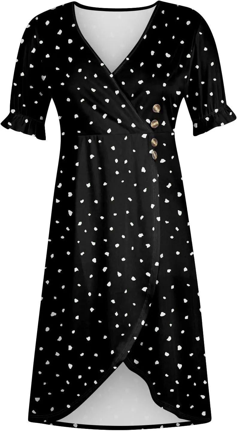 Women's Summer Casual Loose Short Sleeve V-Neck Floral Printed Solid Beach Vacation Boho Dress Plus Size, S-3XL