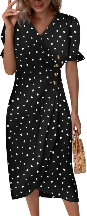 Women's Summer Casual Loose Short Sleeve V-Neck Floral Printed Solid Beach Vacation Boho Dress Plus Size, S-3XL