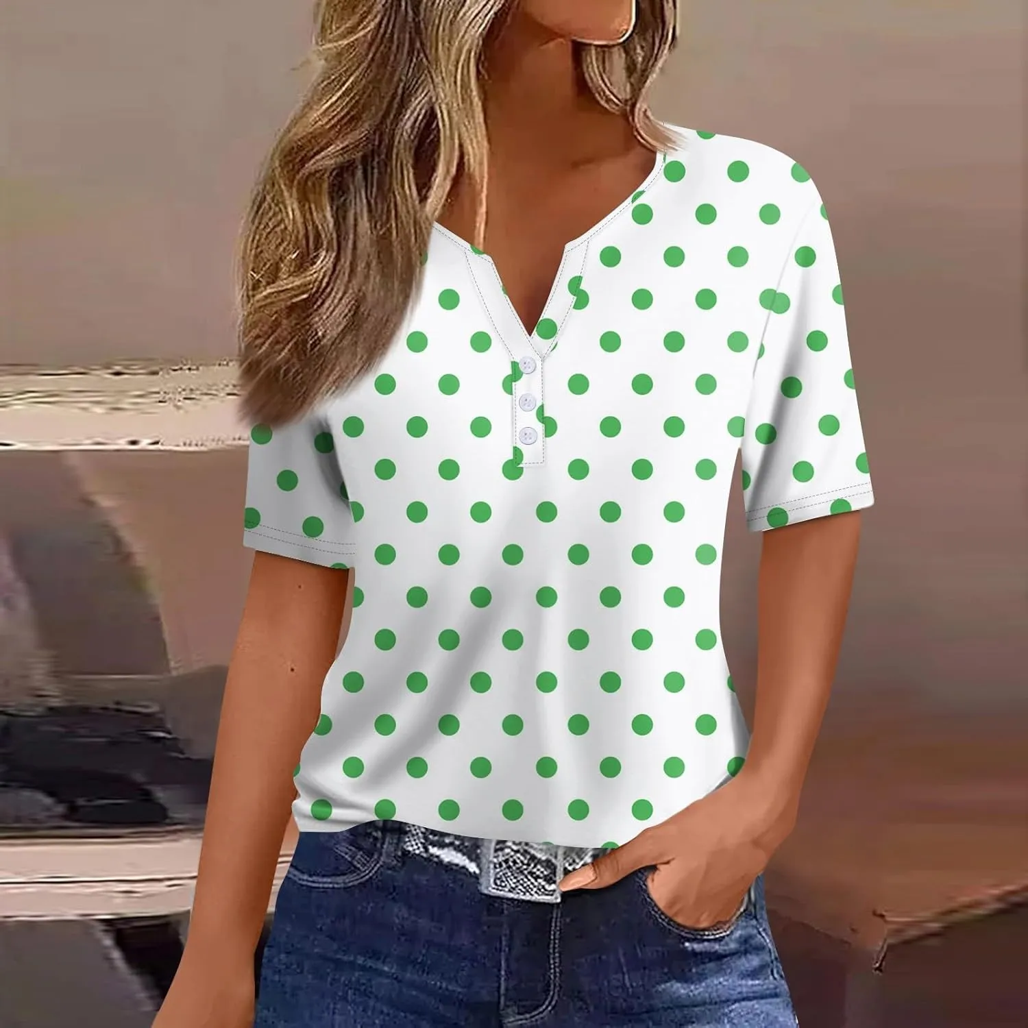 Women's Summer Casual Loose Tops V-Neck Short Sleeve Button Plaid Polka Dot Printed T-Shirt Plus, S-3XL