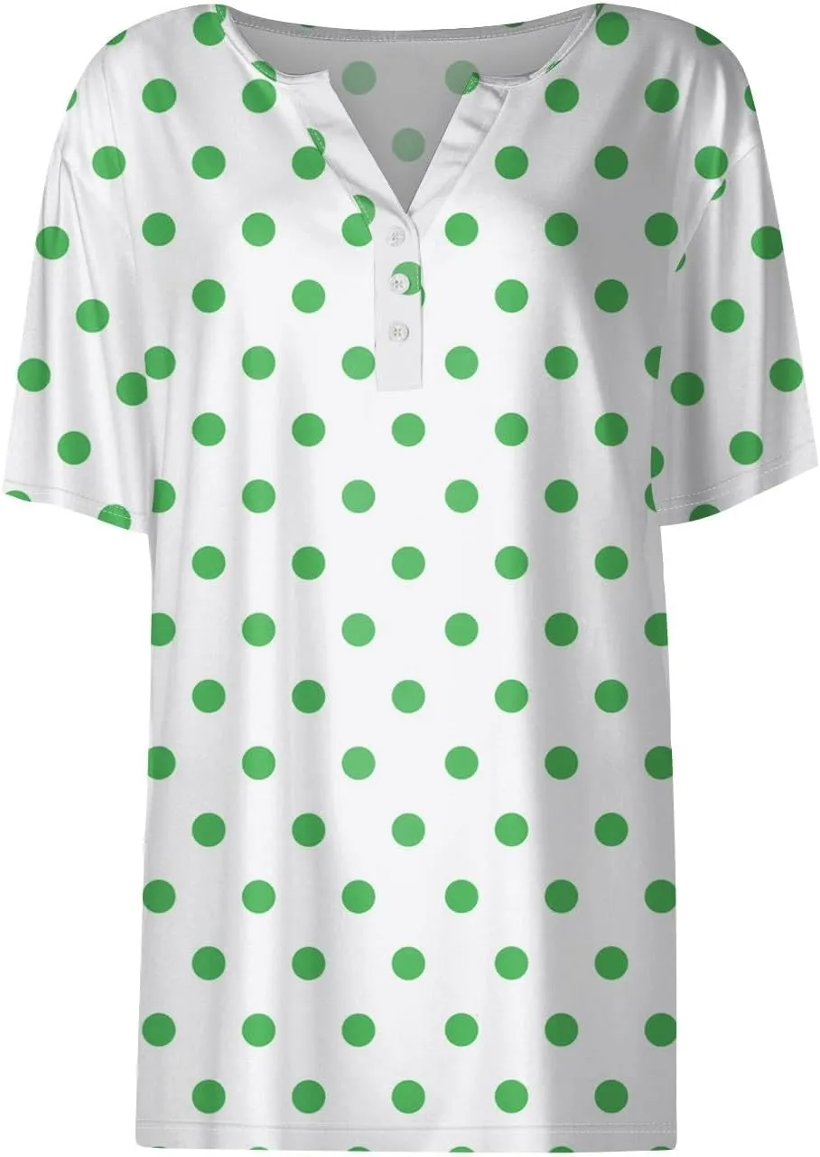 Women's Summer Casual Loose Tops V-Neck Short Sleeve Button Plaid Polka Dot Printed T-Shirt Plus, S-3XL