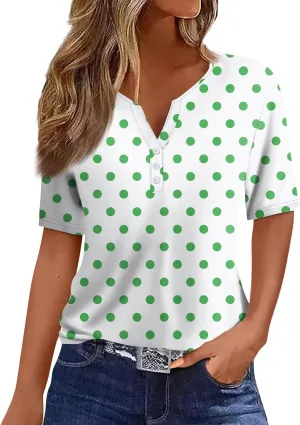 Women's Summer Casual Loose Tops V-Neck Short Sleeve Button Plaid Polka Dot Printed T-Shirt Plus, S-3XL